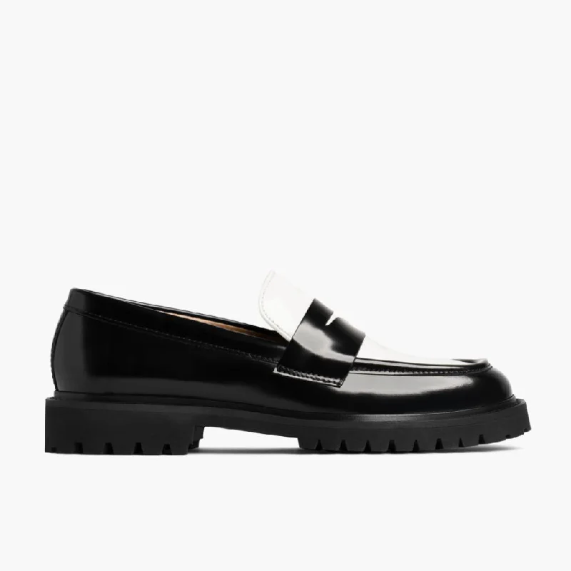 womens-penny-loafer-lug-sole-black-white-leather