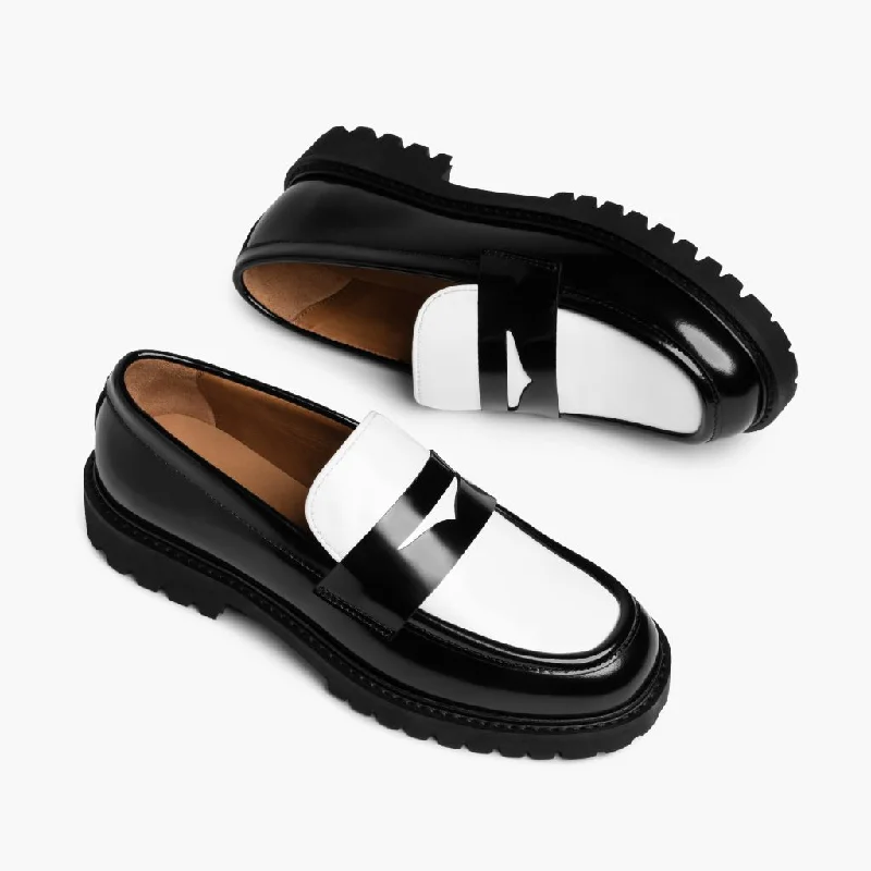 womens-penny-loafer-lug-sole-black-white-leather